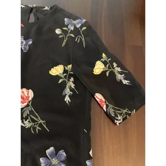 Equipment Femme Aubrey Silk Black Floating Floral Mini Shift Dress (107)
